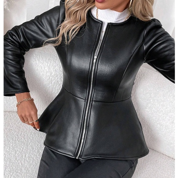 Classic Vegan Leather Zip up Puff Sleeve Flared Hem Jacket - Picture 5 of 10